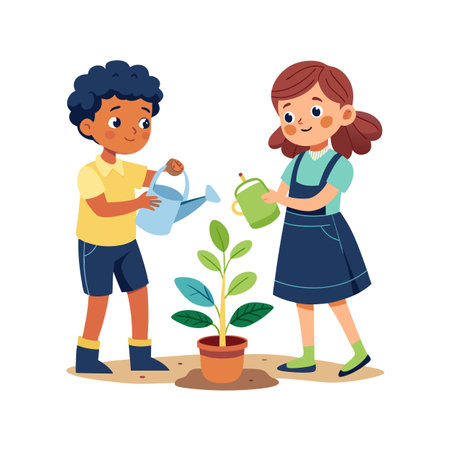 Children watering a plant in a pot promoting environmental awareness and gardening educationのイラスト素材