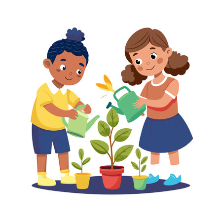 Two children watering plants in pots, learning about growth and the environment.のイラスト素材