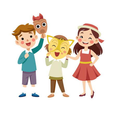 Cheerful Children Playing with Masks: Expressing Joy and Imagination in a White Backgroundのイラスト素材