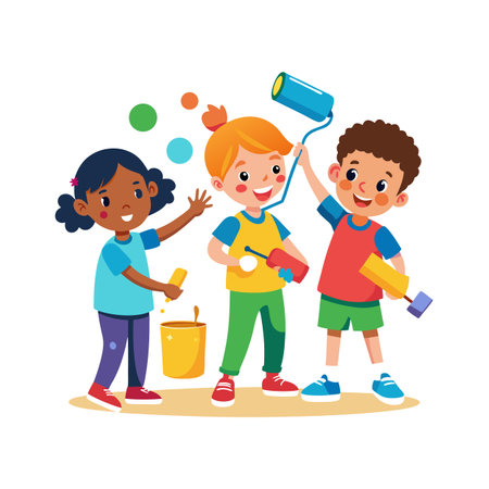 Cartoon kids painting colorful balls with paint rollers and brushes, having fun togetherのイラスト素材