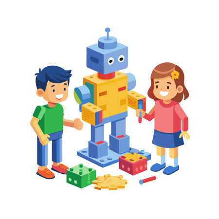 Children Building a Robot Together: An Isometric Illustration of Friendship and Creativityのイラスト素材