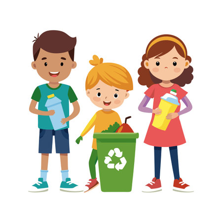 Children promoting recycling by sorting waste into a designated green recycling binのイラスト素材