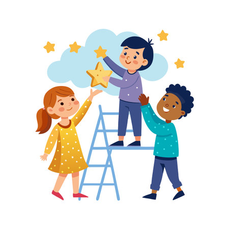 Children Reaching for Stars Illustration with Ladder and Cloud Dream, Positive Childhood Conceptのイラスト素材