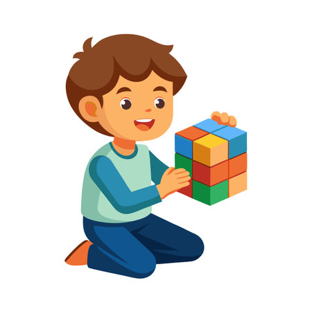 Child playing with colorful block toy in a playful, educational illustration.のイラスト素材