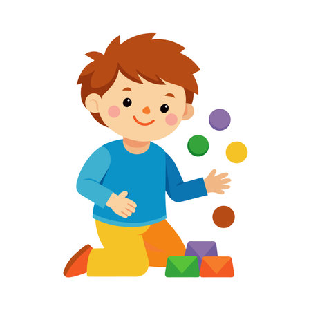 Cartoon boy juggling balls and playing with colorful building blocks on a white backgroundのイラスト素材