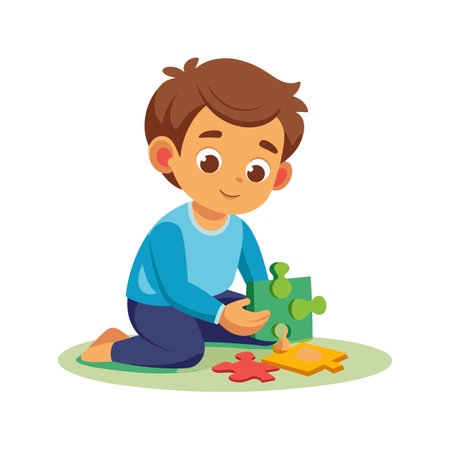 Boy playing with puzzle pieces on green surface, cartoon illustration, childhood developmentのイラスト素材