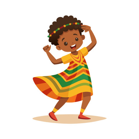 Joyful cartoon girl dancing in colorful traditional dress, celebration and happinessのイラスト素材