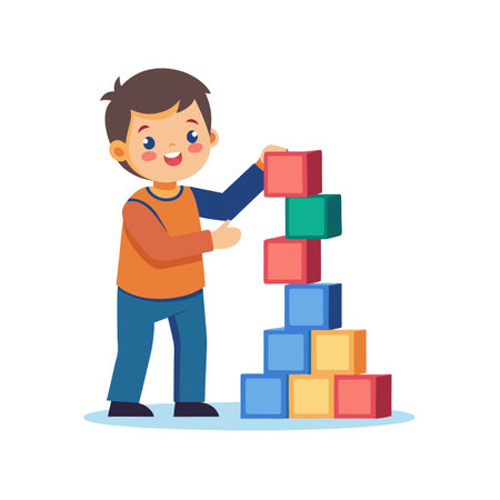 Happy young boy stacking colorful building blocks into a tower, isolated against a white background.のイラスト素材