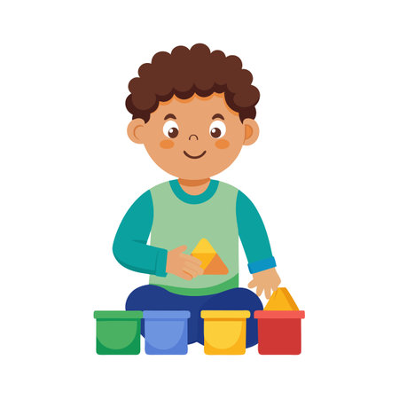 Boy plays with colorful geometric blocks on a white background in flat style.のイラスト素材