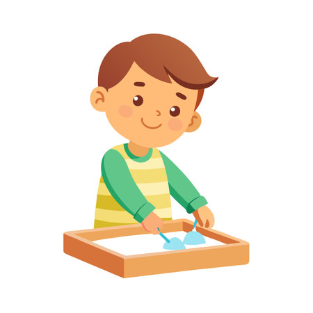 Boy playing in a sandbox with a toy shovel, cartoon style illustrationのイラスト素材
