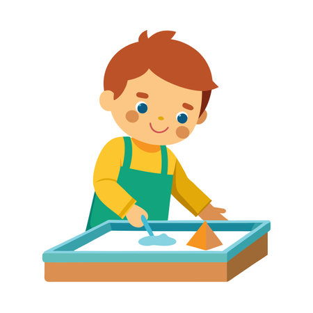 Cartoon illustration of a young child playing in a sand box, promoting imagination and creativityのイラスト素材