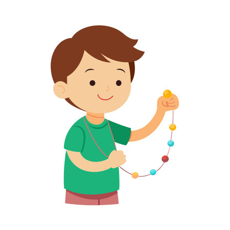 Young boy playing with colorful beads on a string in flat designのイラスト素材