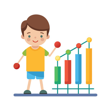 Cartoon boy pointing to increasing colorful graph, flat style illustration on white backgroundのイラスト素材