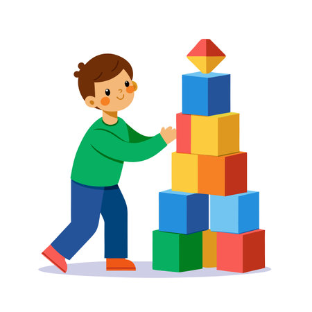 Young Boy Building a Tower with Colorful Blocks, Creative Playtime and Childhood Developmentのイラスト素材