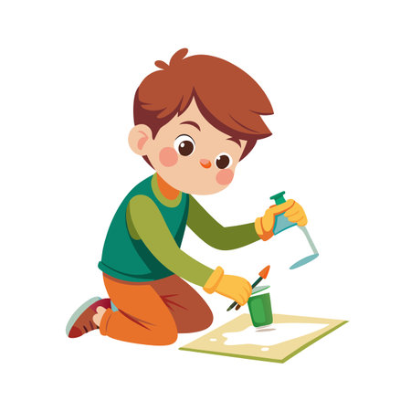Cartoon boy experiments with liquid and paint, art creation and educational conceptのイラスト素材