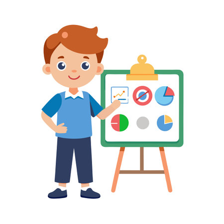 Animated boy presenting business charts on a flipchart stand against a white backgroundのイラスト素材