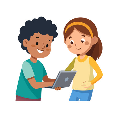 Two cartoon kids collaborating on a laptop computer, learning and studying together illustrationのイラスト素材
