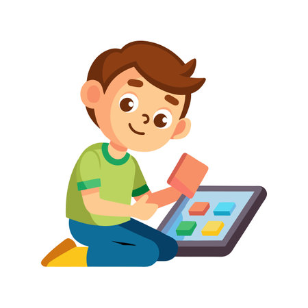 Cartoon Boy Playing with Tablet App, Interactive Learning on Digital Deviceのイラスト素材