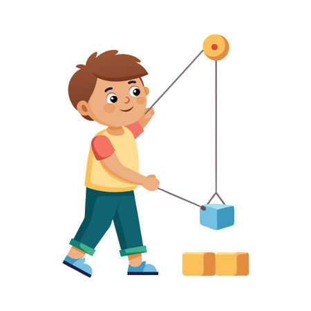 Child playing with a simple machine featuring a pulley and blocks illustrationのイラスト素材