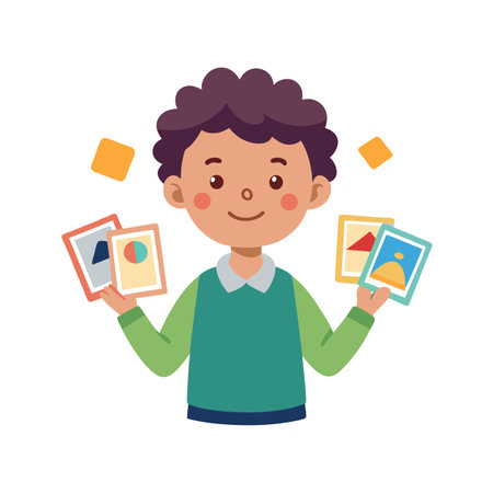 Cartoon boy juggling business analytics and creative design cards against a white backgroundのイラスト素材