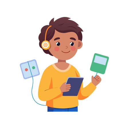 Boy with headphones using tablet and connected device in colorful flat illustrationのイラスト素材