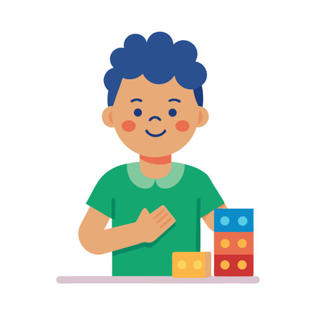 Young boy playing with building blocks, focusing on early learning and creative developmentのイラスト素材