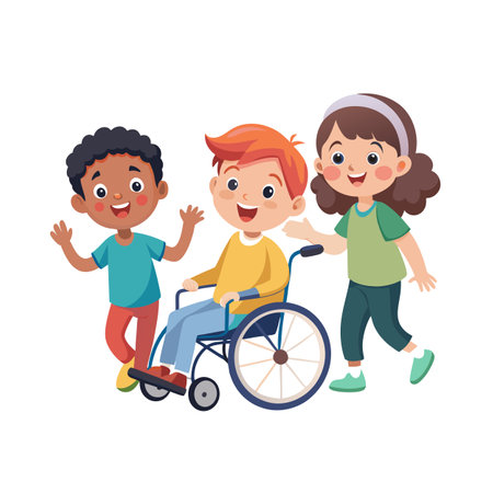 Three diverse cartoon children: one in a wheelchair, fostering inclusive friendship and supportのイラスト素材