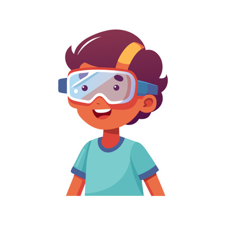 Cartoon boy wearing swimming goggles, with happy smile, against a bright white background illustrationのイラスト素材