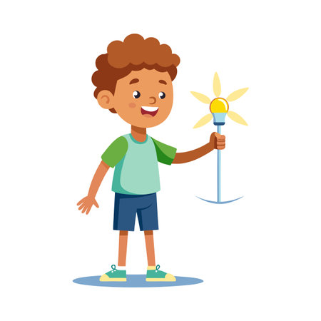 Boy Holding a Flower Lightbulb Cartoon Illustration on White Backgroundのイラスト素材