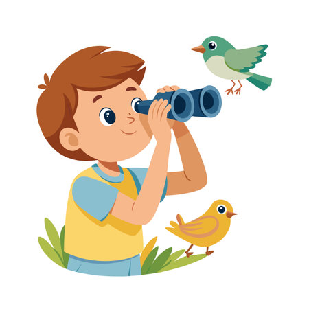 Young Boy Birdwatching with Binoculars: A Cartoon Illustration of Discovery and Natureのイラスト素材