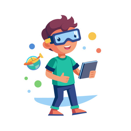 Cartoon boy using VR glasses holds a tablet with educational world backgroundのイラスト素材