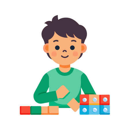Young boy playing with colorful building blocks, stacking them in a learning environment.のイラスト素材