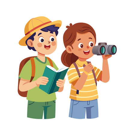 Two young explorers reading a book and using binoculars on a journeyのイラスト素材