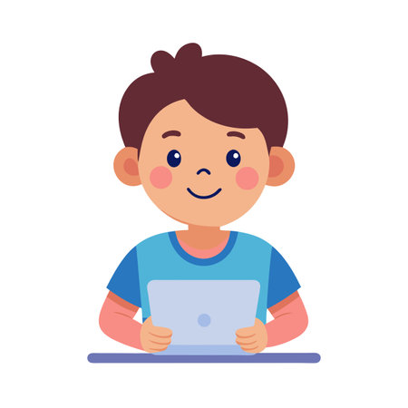 Illustration of a young boy using a laptop on a blue tableのイラスト素材