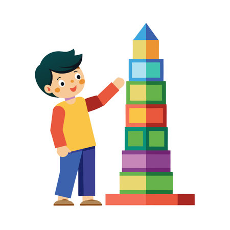 Child Building a Tower with Colorful Blocks: Early Childhood Development Illustrationのイラスト素材