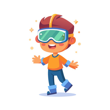 Cartoon Boy Experiencing Virtual Reality Wearing Goggles with Happy Facial Expression on White Backgroundのイラスト素材