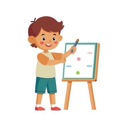 Young boy drawing circles on a whiteboard with a marker, creative learningのイラスト素材