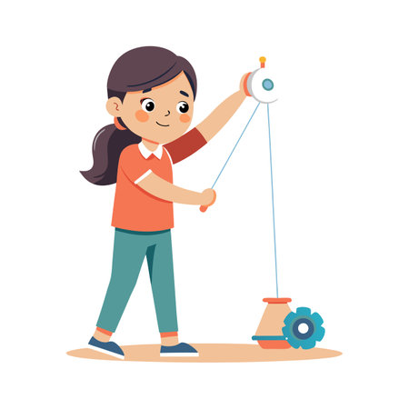 Girl Playing with Toy Pulley System, Illustrating STEM Concepts and Early Learningのイラスト素材