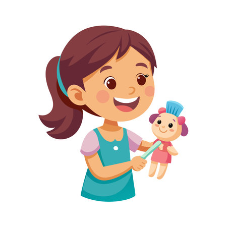 Girl playing with a doll, cartoon style, cheerful, vibrant colors, childhood imagination and playのイラスト素材