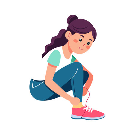 Illustration of woman tying her running shoe, preparing for fitness workout and healthy lifestyleのイラスト素材