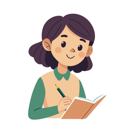 Illustration of a young woman writing in a notebook with a pencil, flat designのイラスト素材