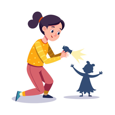 Girl Playing with Shadow Puppets Using a Flashlight, Creative Playtime and Imaginationのイラスト素材