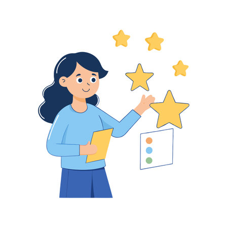 Woman rating or reaching for stars symbolizing quality, feedback, and achievements in flat vector illustrationのイラスト素材