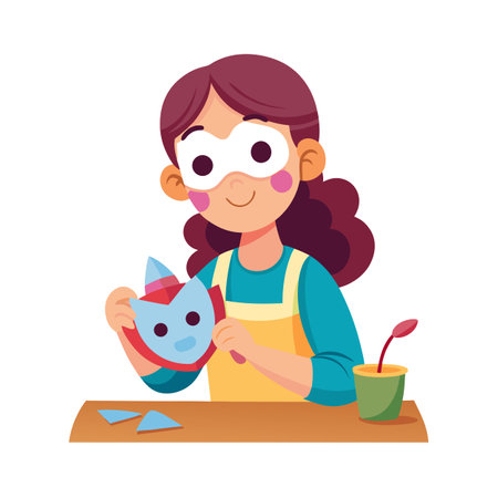 Young girl crafting a mask, creative activity at desk, paper crafts, childhood fun and learningのイラスト素材