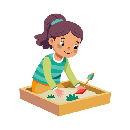 Young girl playing in a sandbox with a small shovel, isolated on white backgroundのイラスト素材