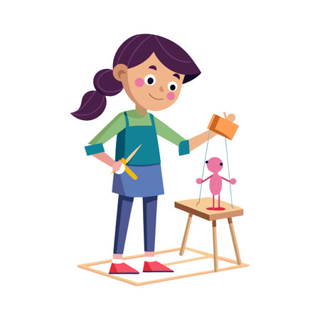 Cartoon girl crafting a puppet show, focusing on the detail of puppet construction and designのイラスト素材
