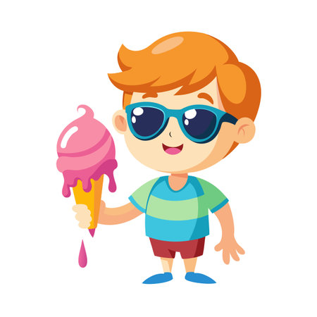 Cartoon Boy with Ice Cream Cone, wearing Sunglasses, Isolated on White Backgroundのイラスト素材