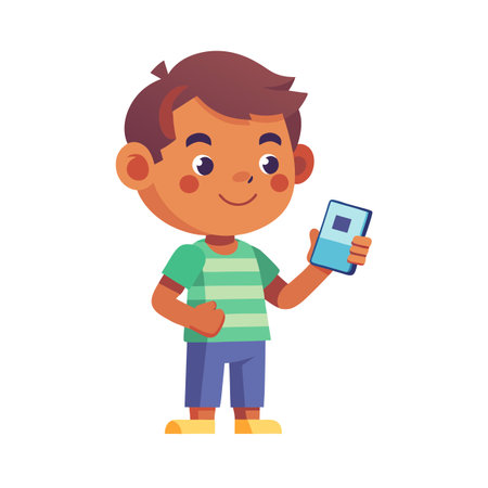 Cartoon boy holding a mobile phone in a simple flat illustration styleのイラスト素材