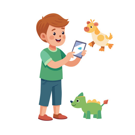 Boy interacts with toys through a digital tablet, using augmented reality for play.のイラスト素材