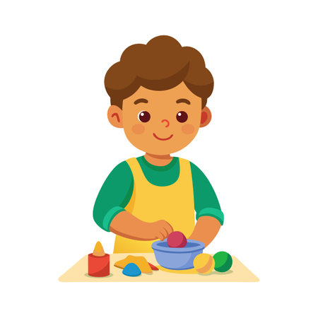 Young boy enjoys craft activity with modeling clay, isolated on white background stock imageのイラスト素材
